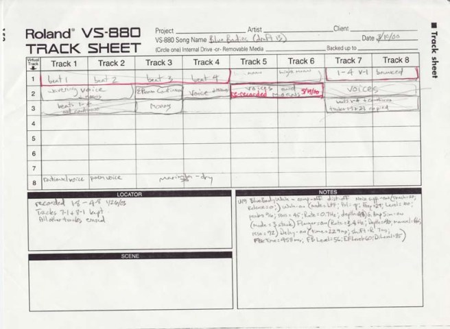 The VS-880 track sheet for "Blue Bodies" showing the virtual tracks.
