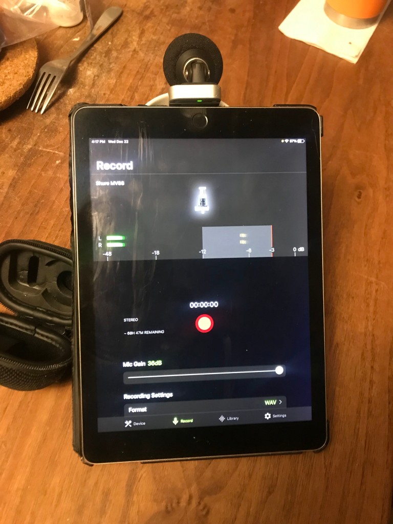 iPad Pro first generation with Shure MV-88 mic attached and active. (To my knowledge this mic will not connect securely to newer Apple devices after they discontinued the Lightning connector.)